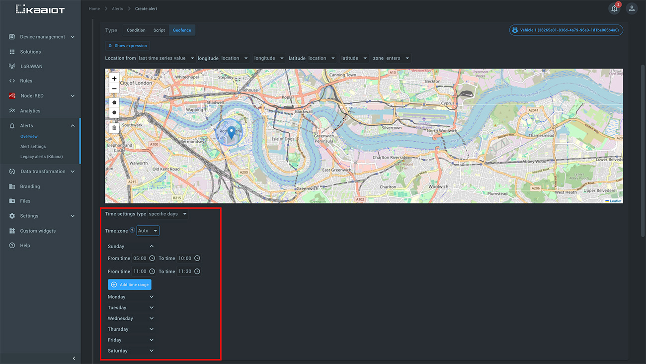 Configuring geofence alerts, Specify time parameters