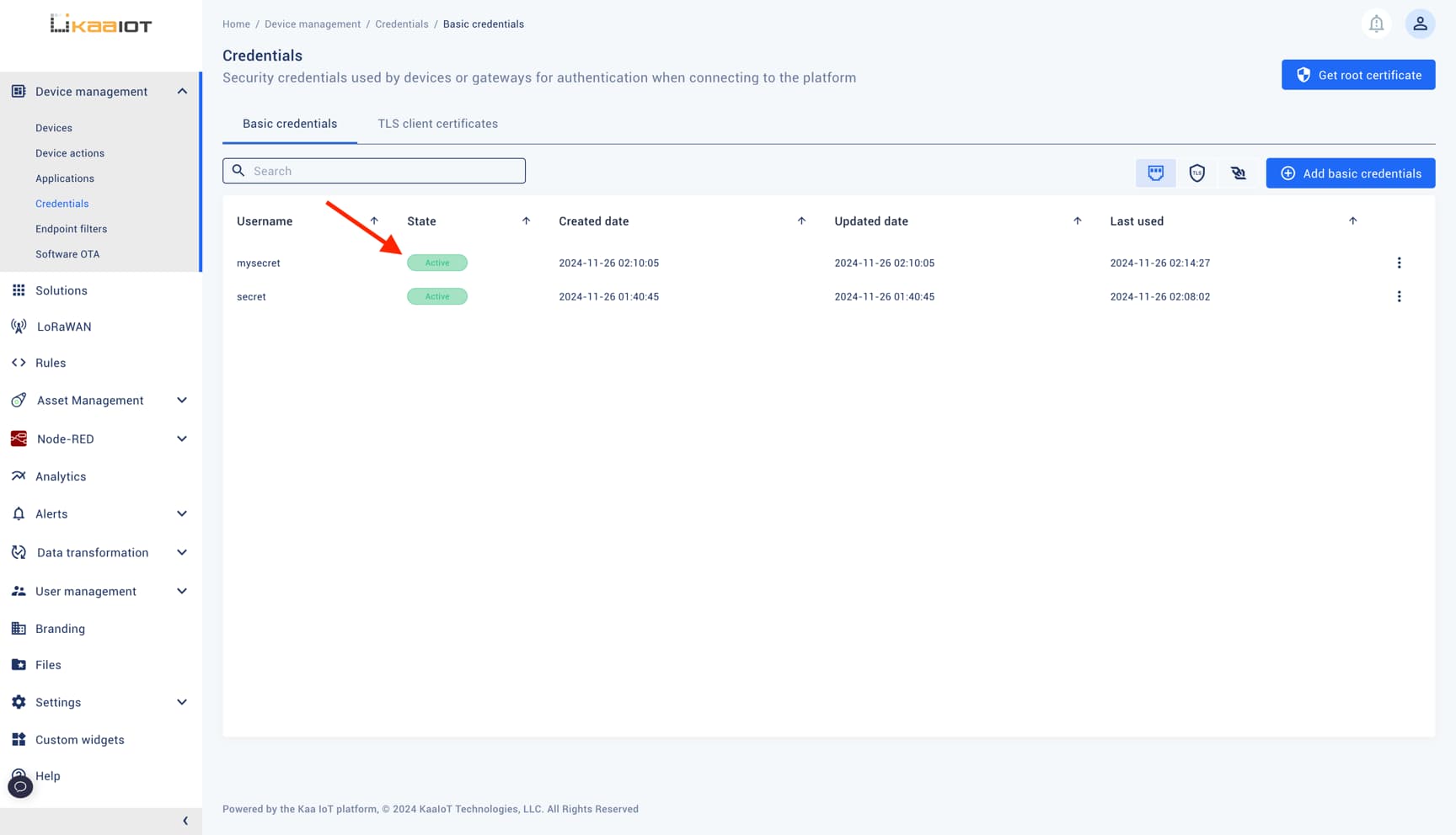 Credentials state is active