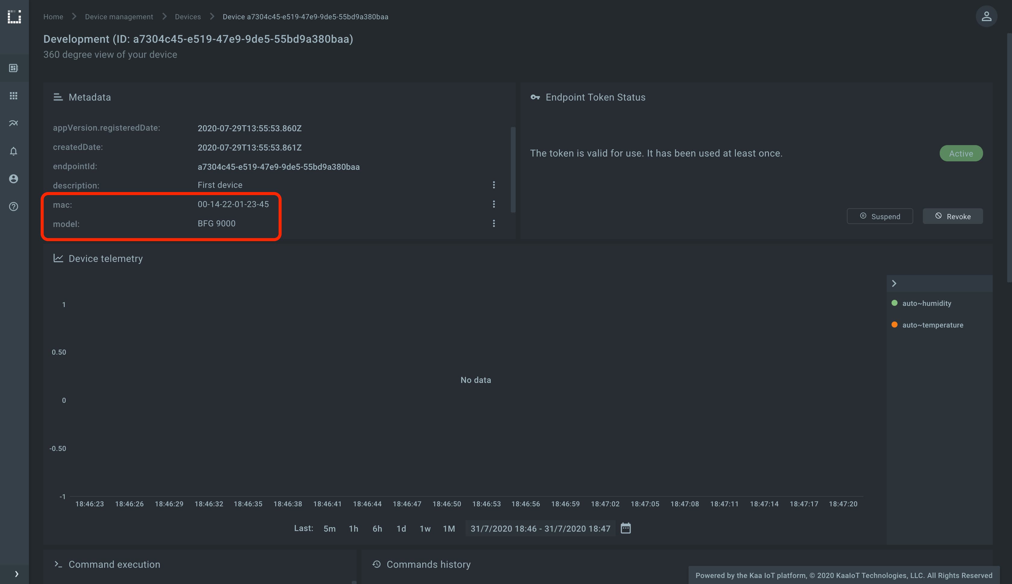 Device dashboard with reported metadata