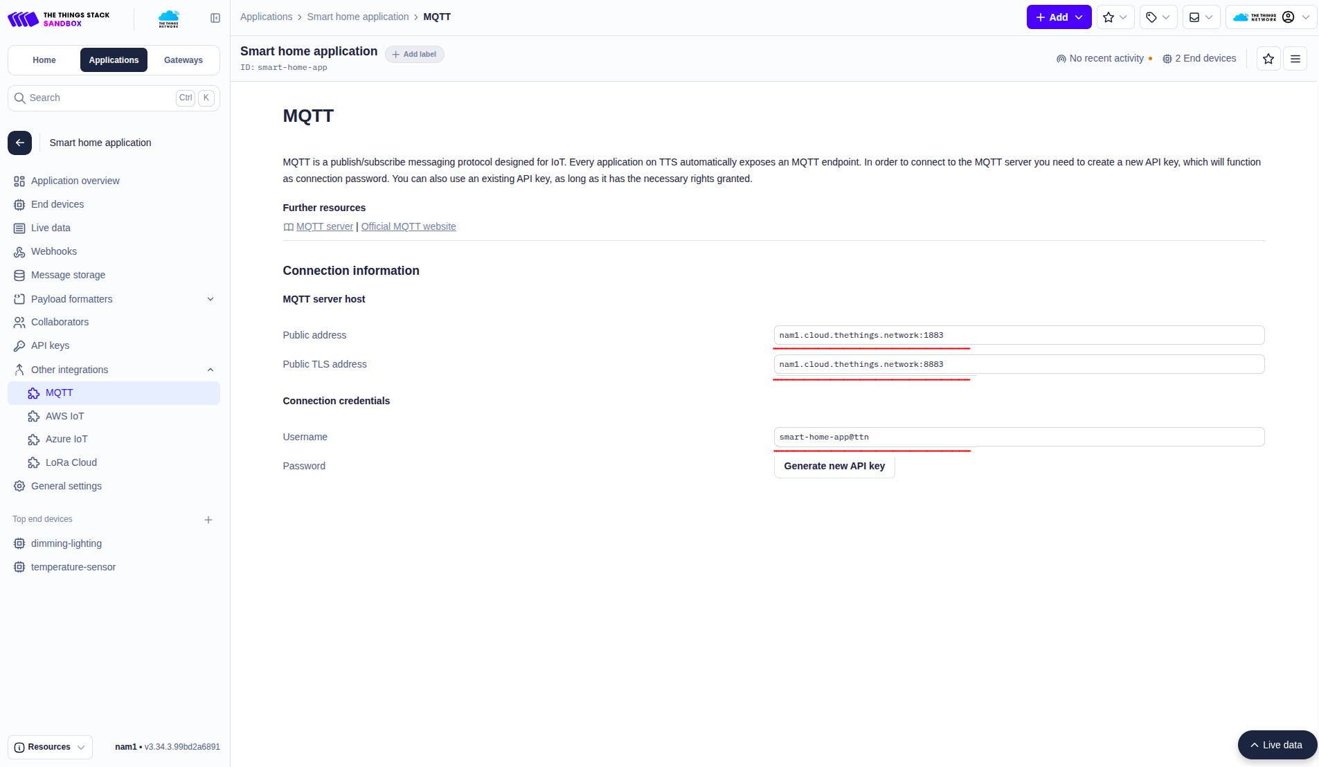 Integration connection information