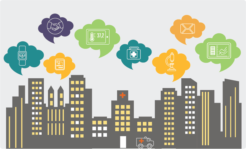 Smart city with smart healthcare devices icons