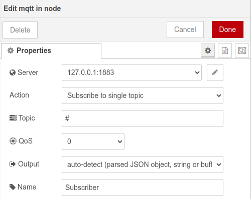 Node-RED configuration, MQTT Client configuration