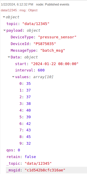 Node-RED configuration, debug window